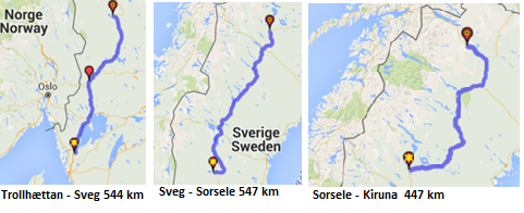 Trollhættan - Sveg  544 km  Sveg - Sorsele  547 km    Sorsele - Kiruna  447 km